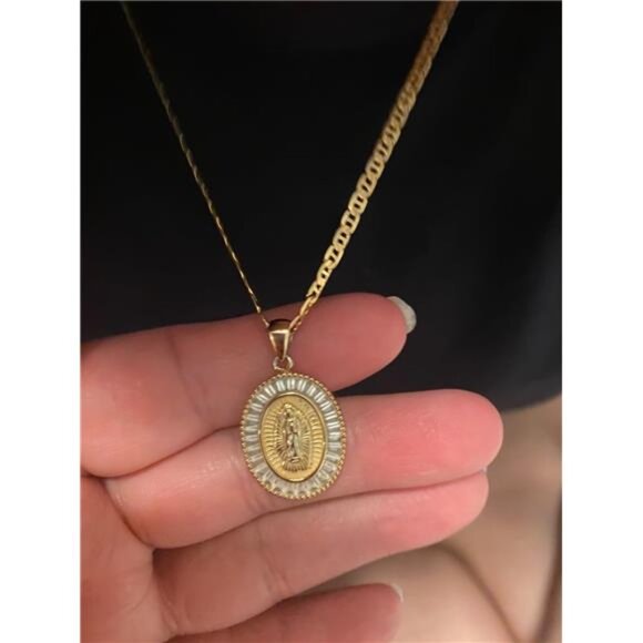 18K Gold Plated Virgin Mary Guadalupe Pendant Necklace with Cubic Zirconia, 24" - Picture 1 of 8